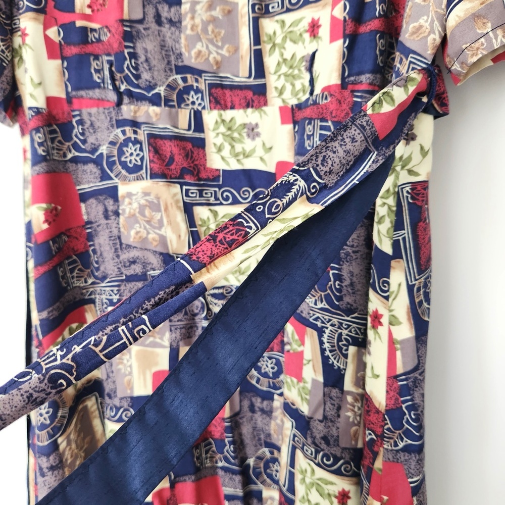 Vtg Patchwork Midi Dress Handmade Belted Blue Red Large 80s Does 50s Modest - Picture 7 of 16